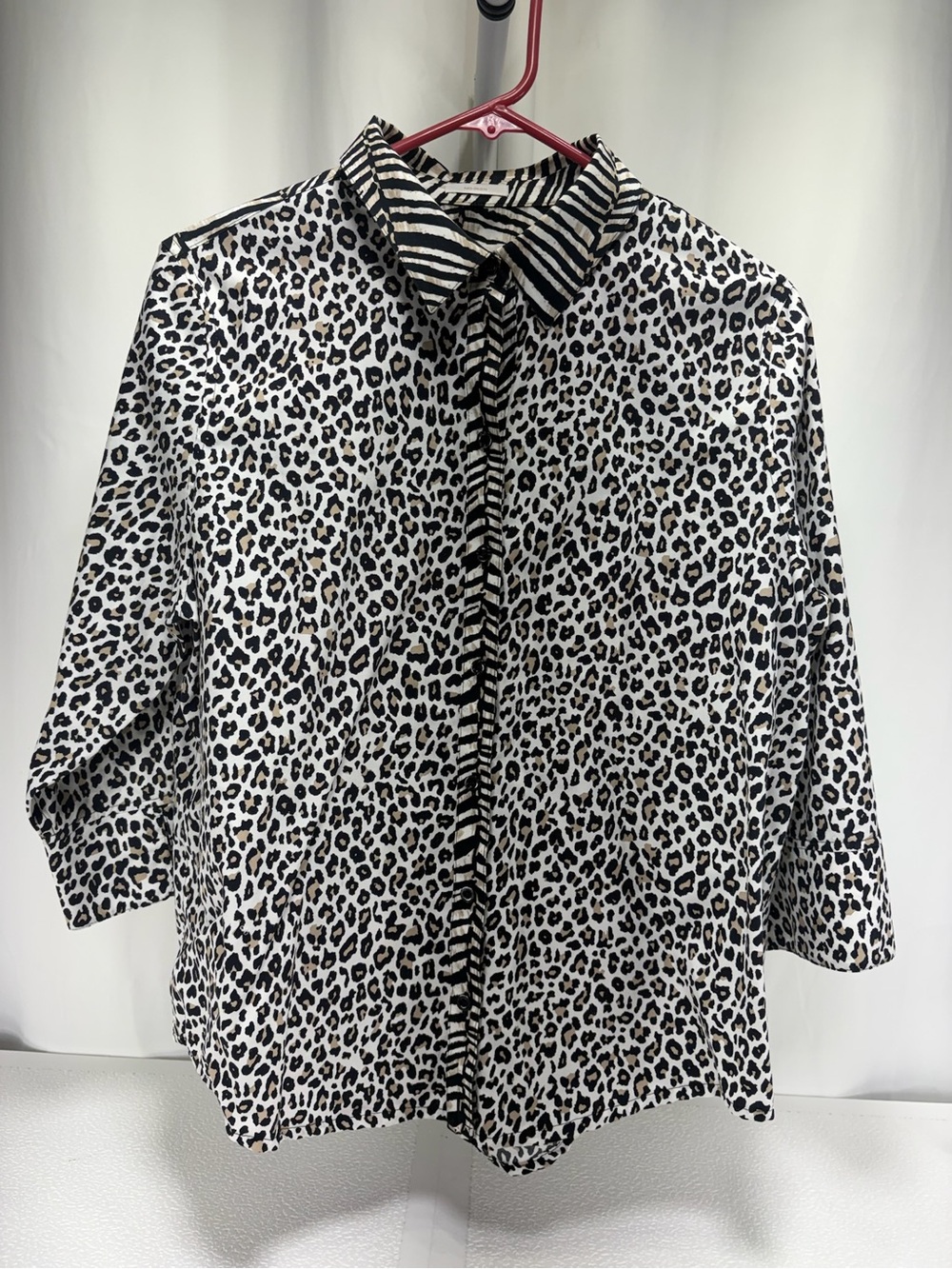Chico's Black, White & Tan Leopard Print Button-Up Blouse with Striped Trim 4562